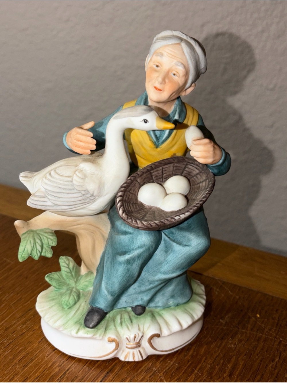 Napcoware Old Woman Figurine Goose Basket Eggs Hand Painted Bisque Porcelain